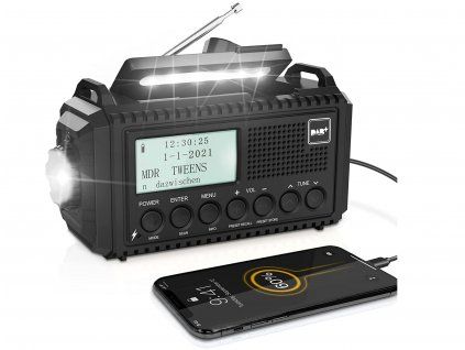 Rocam CR1009Pro DAB/DAB+/FM - nouzové rádio solární s dynamem se svítilnou a dobíjením mobilu a powerbankou 5000 mAh